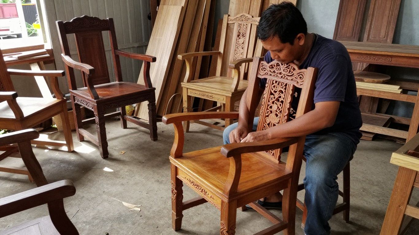 Indonesian furniture workshop with craftsman and wooden furniture.
