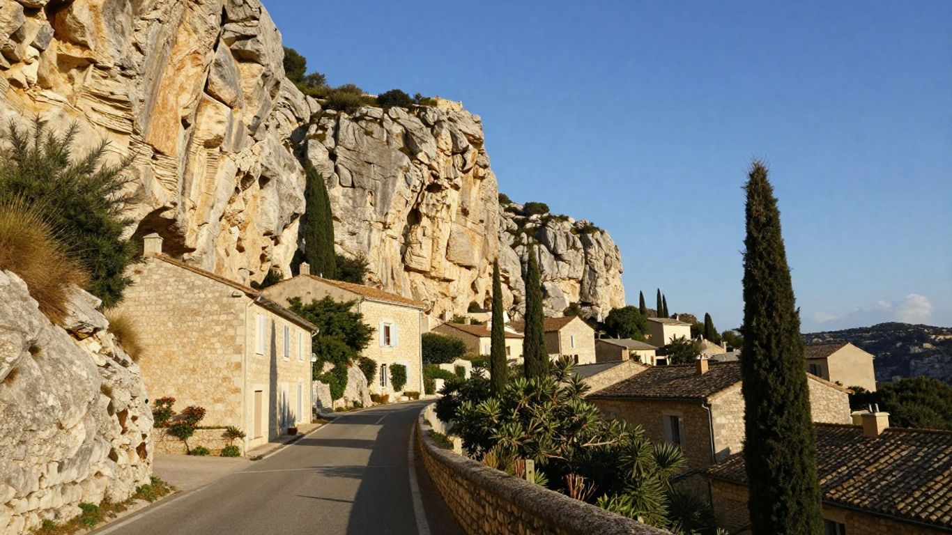 Moustiers village road beneath limestone cliffs