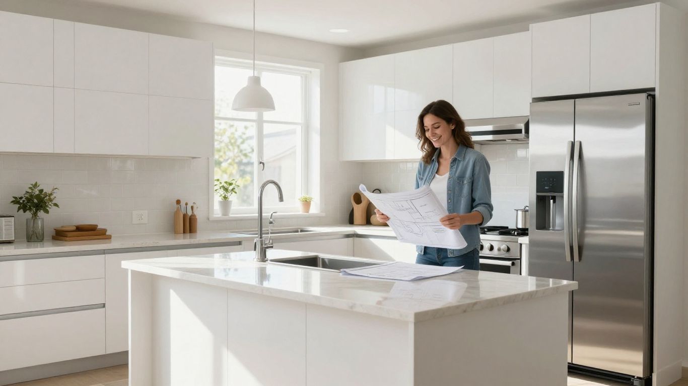 Modern kitchen remodel with smiling homeowner and blueprint.