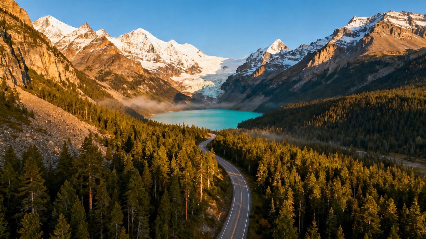Scenic road through Canadian Rockies mountains and turquoise lake.