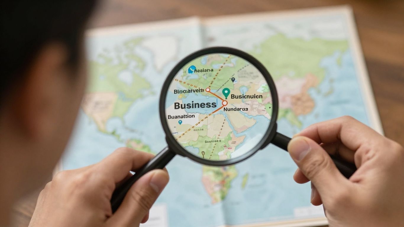 Magnifying glass over a map of small businesses.