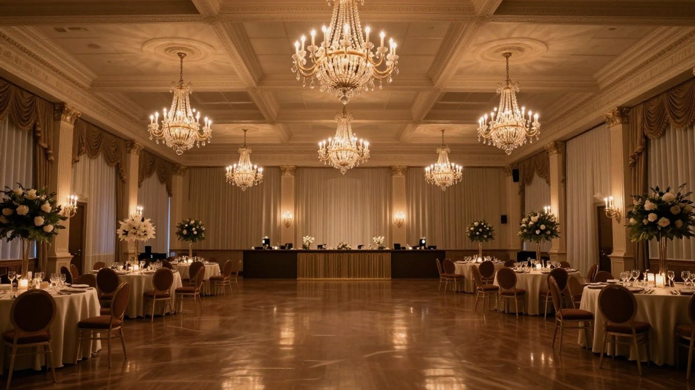 Elegant Dallas event venue interior with chandeliers and formal table settings.