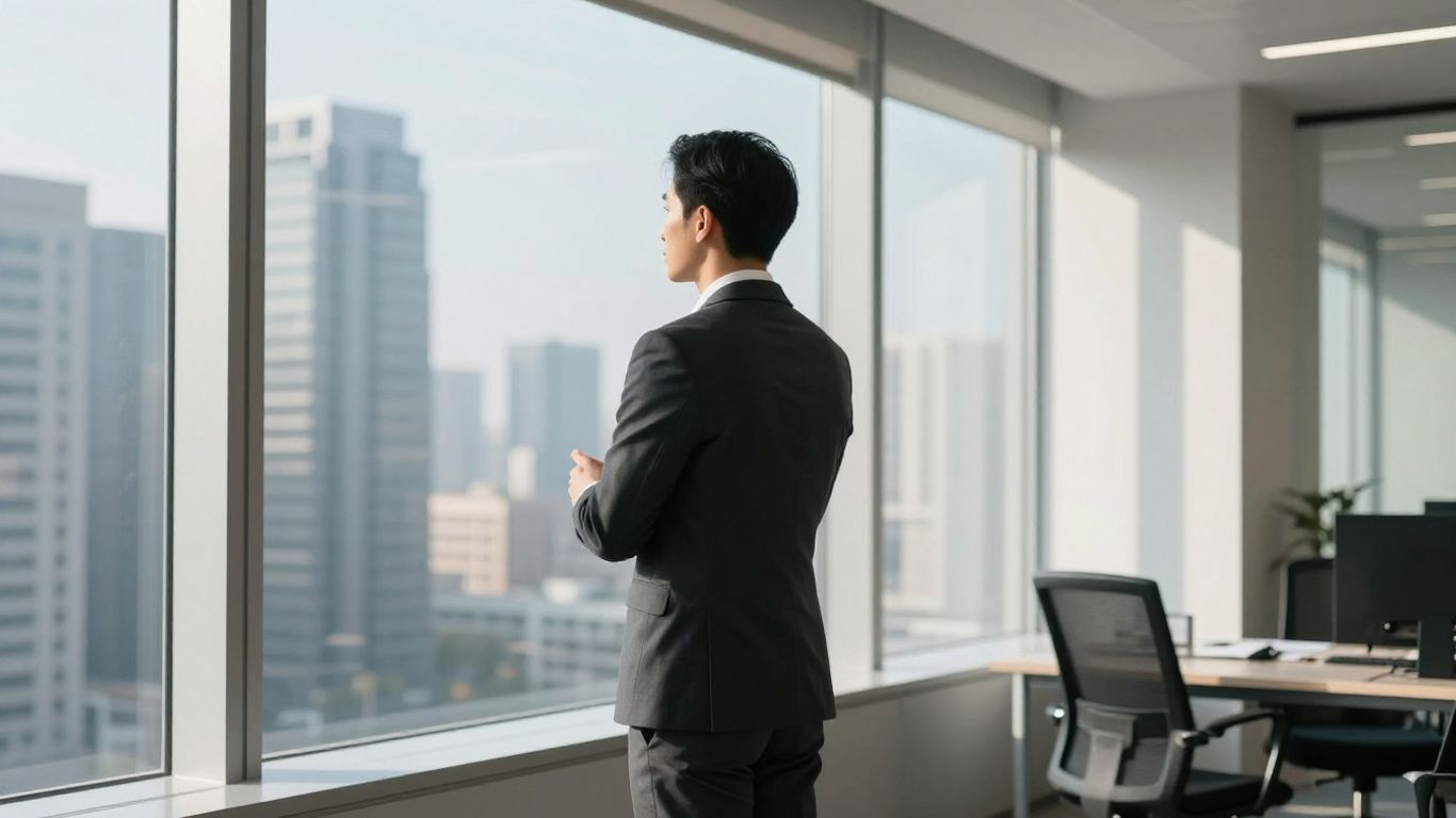 Professional looking out office window at cityscape.