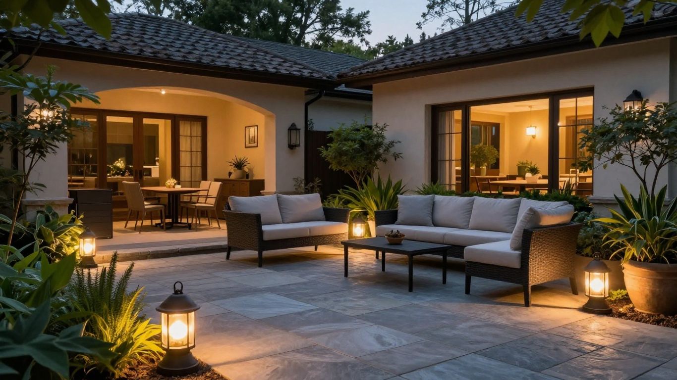 Illuminated patio and landscape lighting for spring evenings.