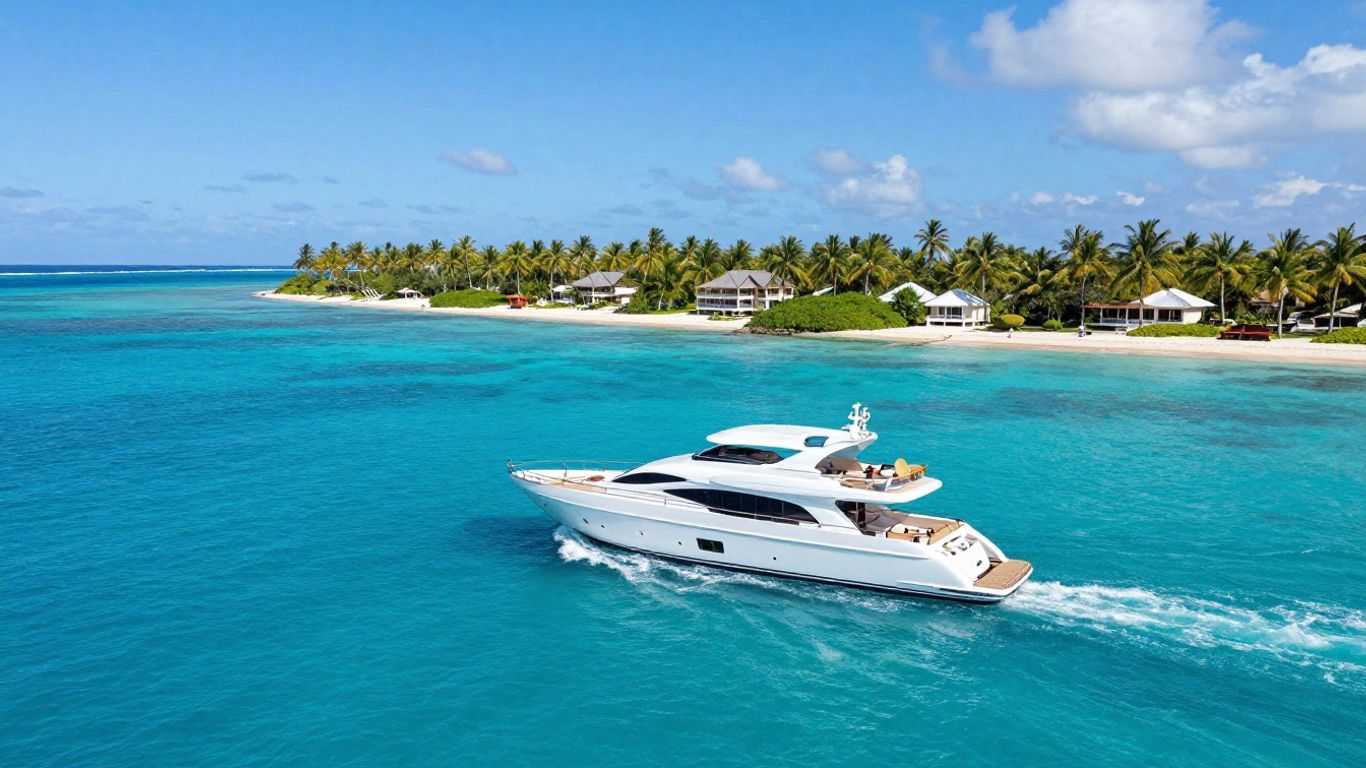 Luxury yacht sailing in clear turquoise Bahamian waters.