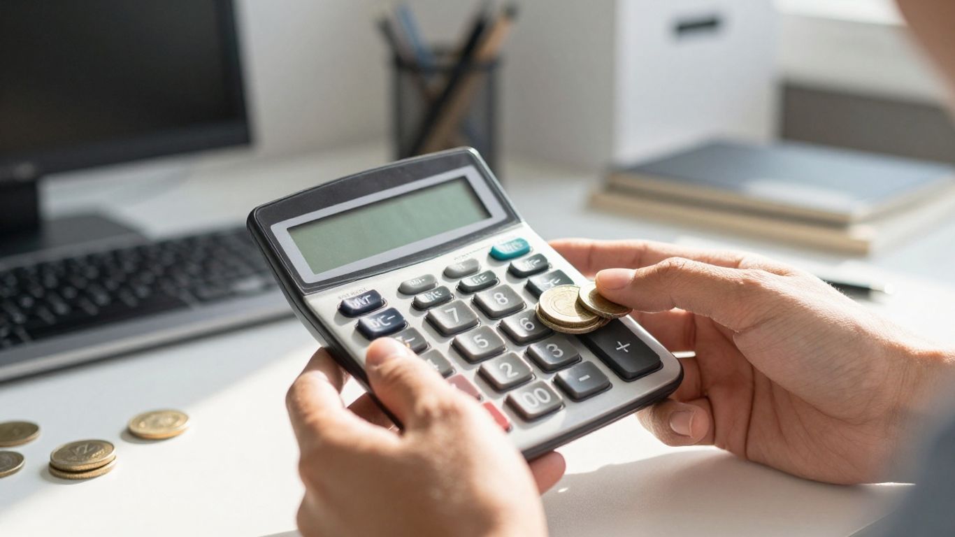 Calculator and coins with office background