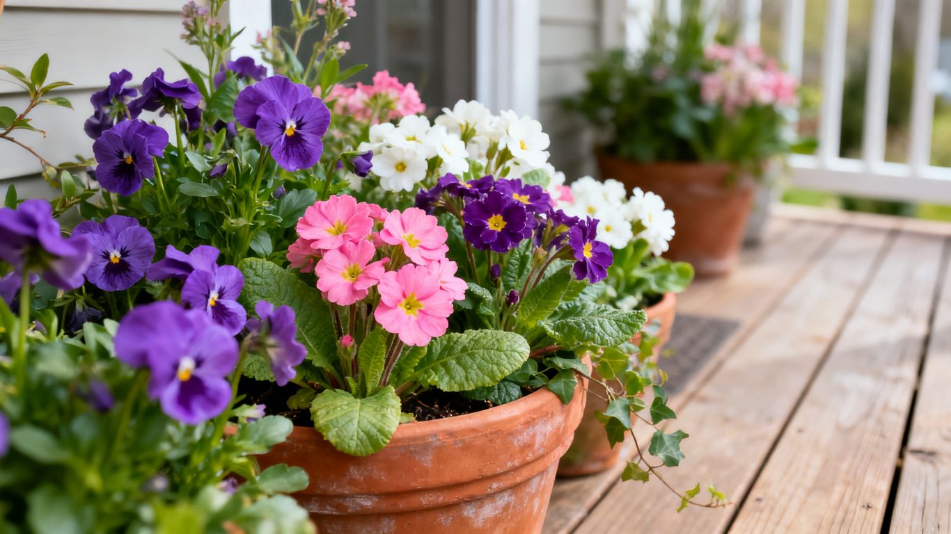Hardy perennial flowers in pots on a porch.