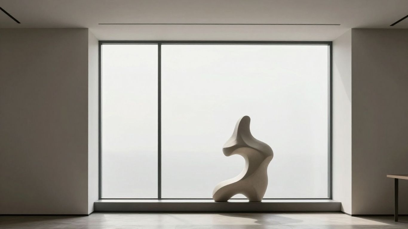 Moderne deutsche Bürolandschaft mit abstrakter Skulptur.