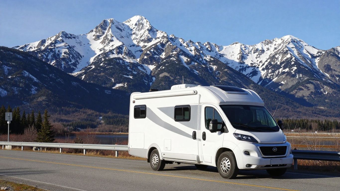 Motorhome on a scenic Canadian road with mountains.