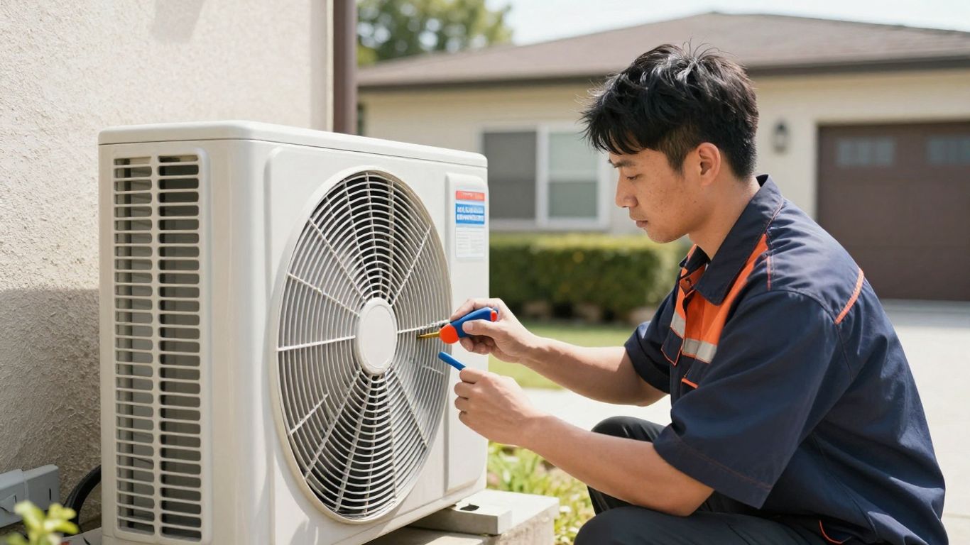 AC repair technician working on an outdoor unit.