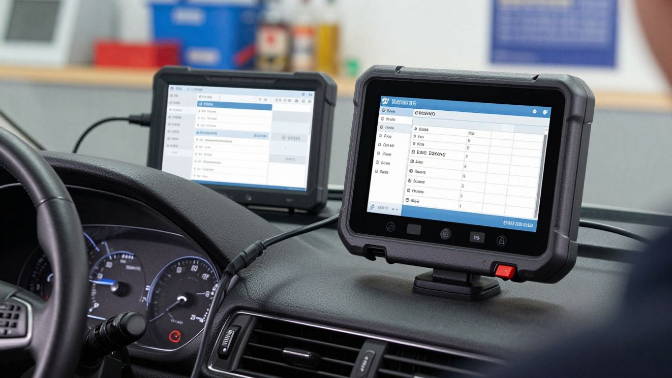 Mechanic performing diagnostic checks on vehicle
