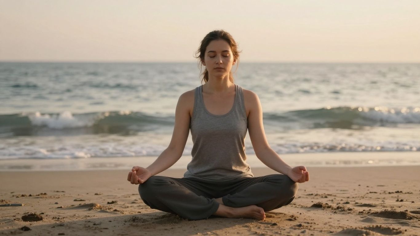 Person meditating by calm ocean waves.