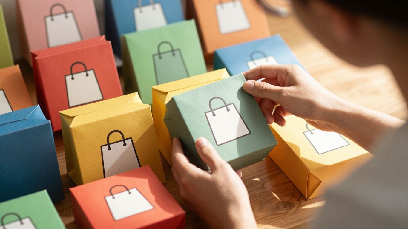 Person looking at gift boxes with shopping bags.