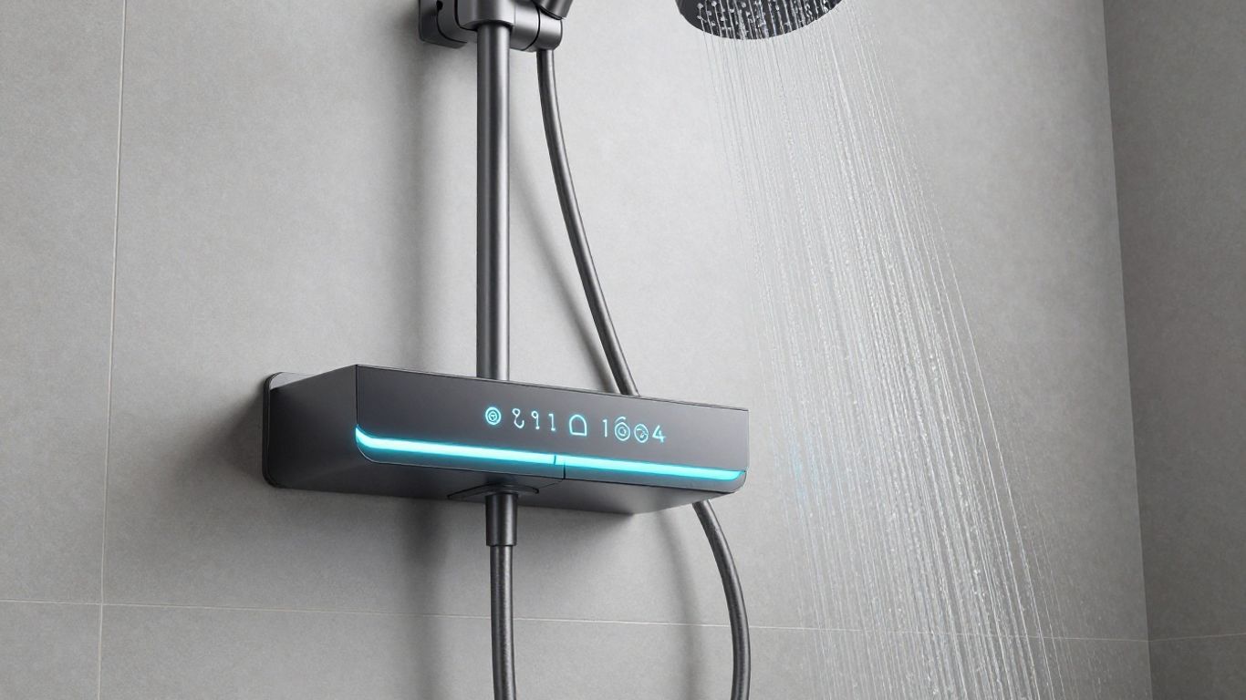 Modern bathroom with electronic shower control and rainfall showerhead.