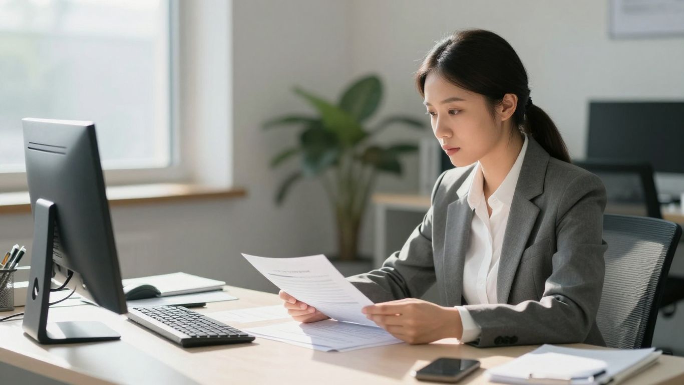 Tax accountant reviewing documents with a client in an office.