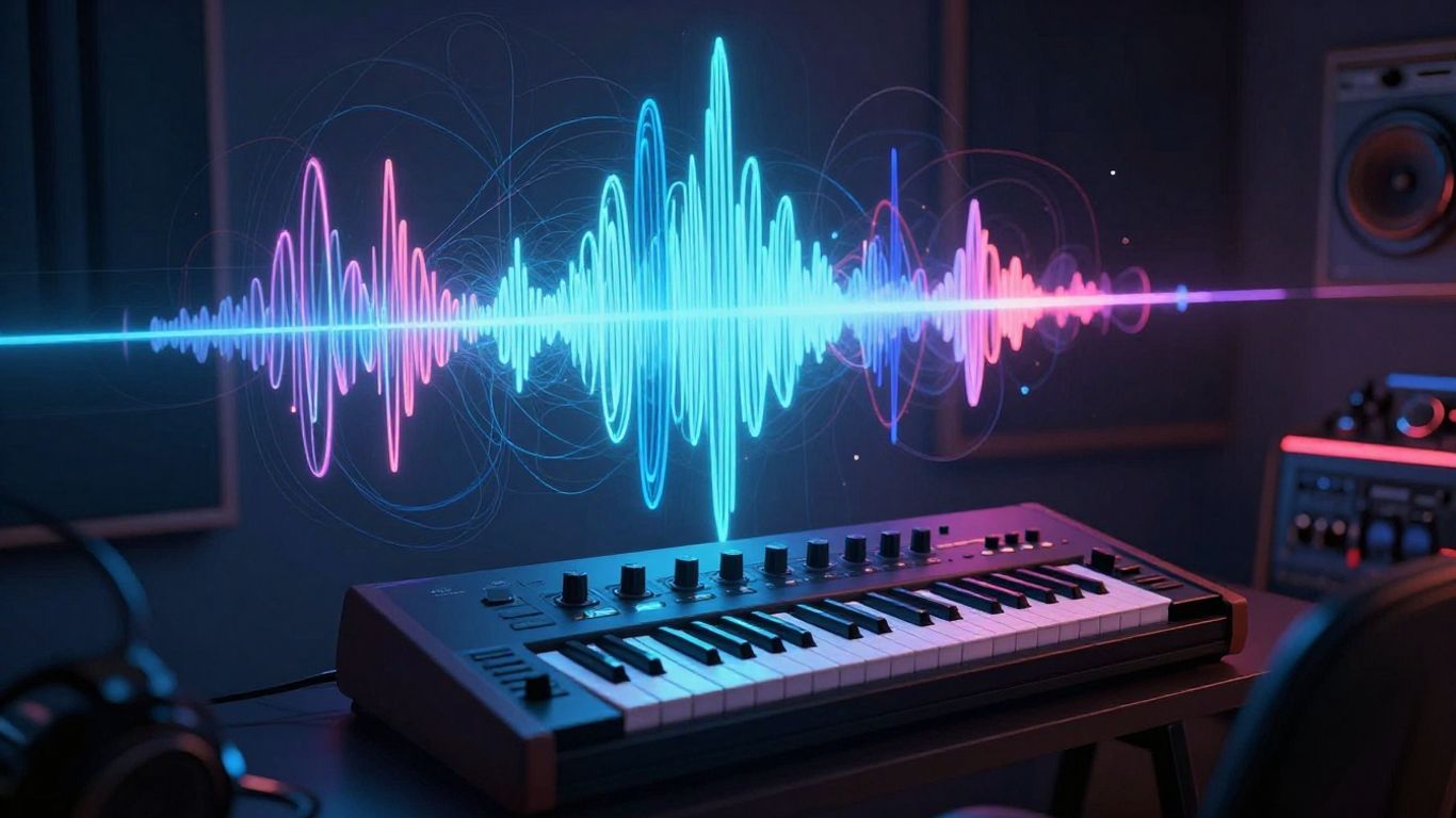 AI music creation in a futuristic studio.