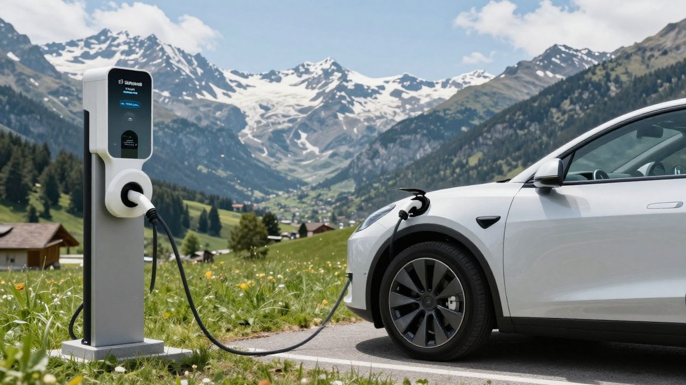 Elektroauto lädt vor Schweizer Alpenkulisse
