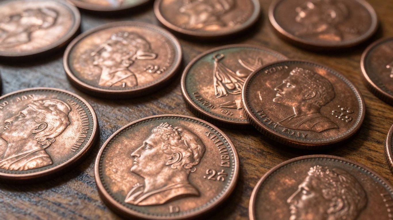Antique large cents coins on a wooden table.