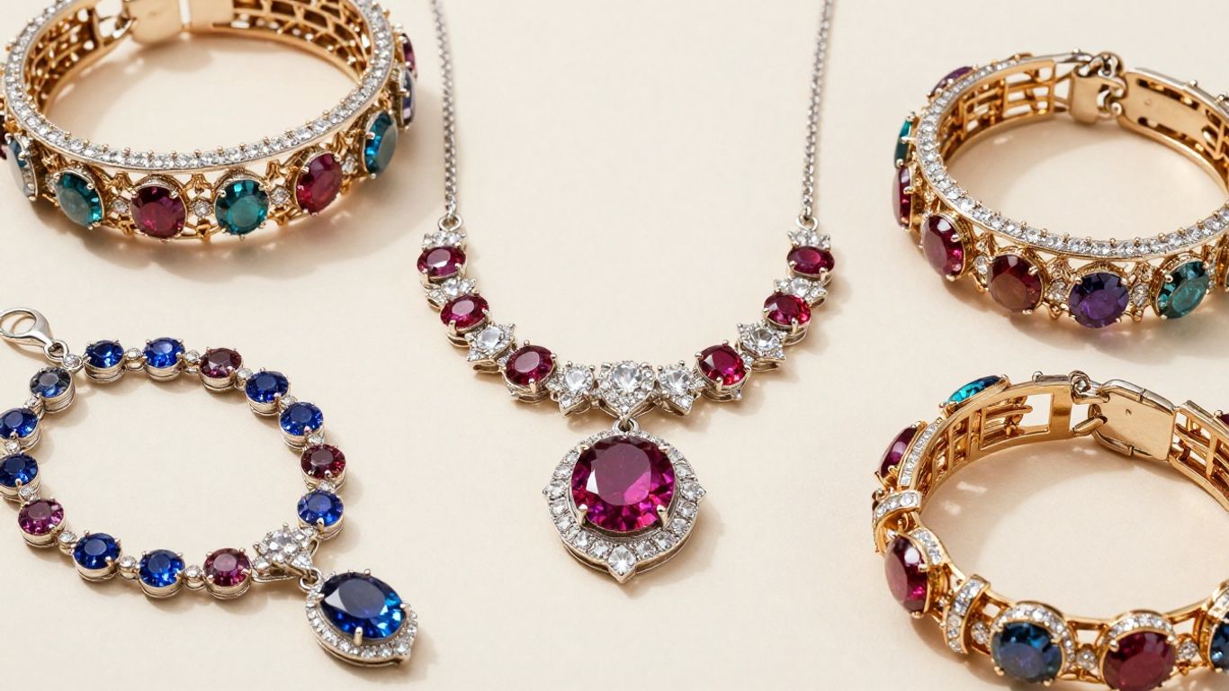 Sparkling festive jewellery collection with gemstones and metalwork.