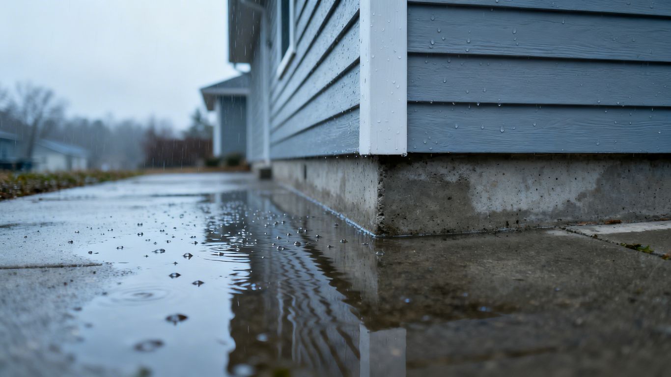 Home foundation with pooling water from March rains.
