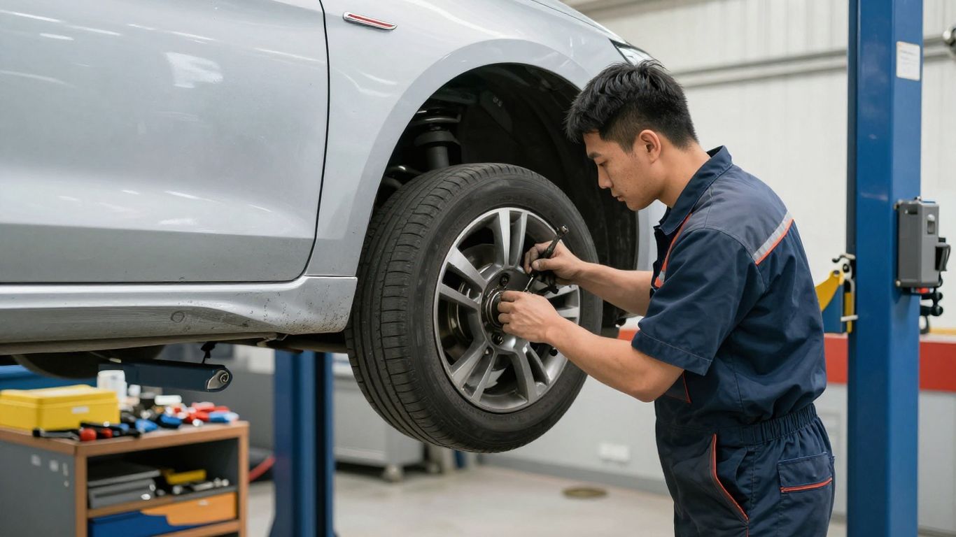 Mechanic working on car transmission in garage.