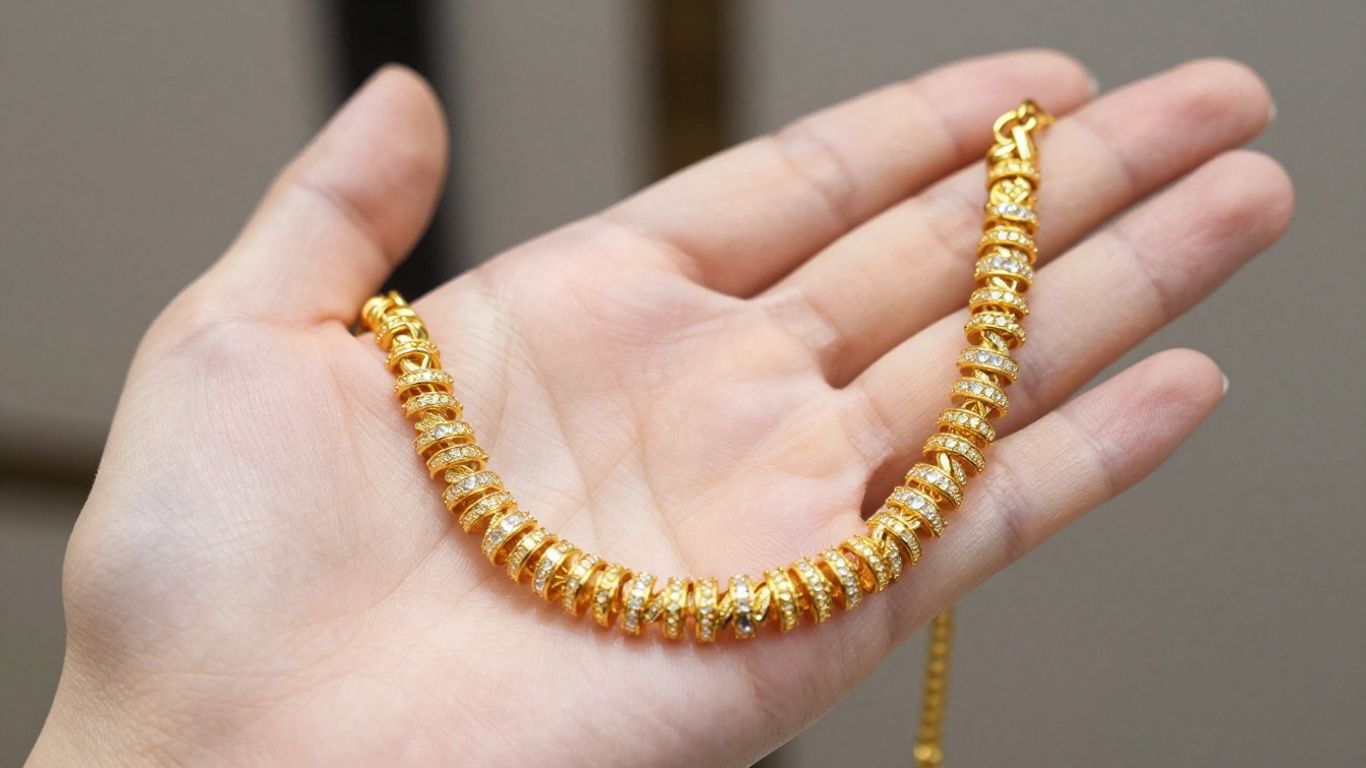 Main d'une personne tenant des bijoux en or brillants.