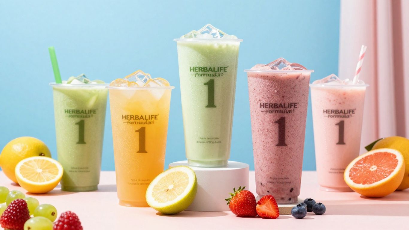 Herbalife Formula 1 shake flavors with fruits and ingredients.