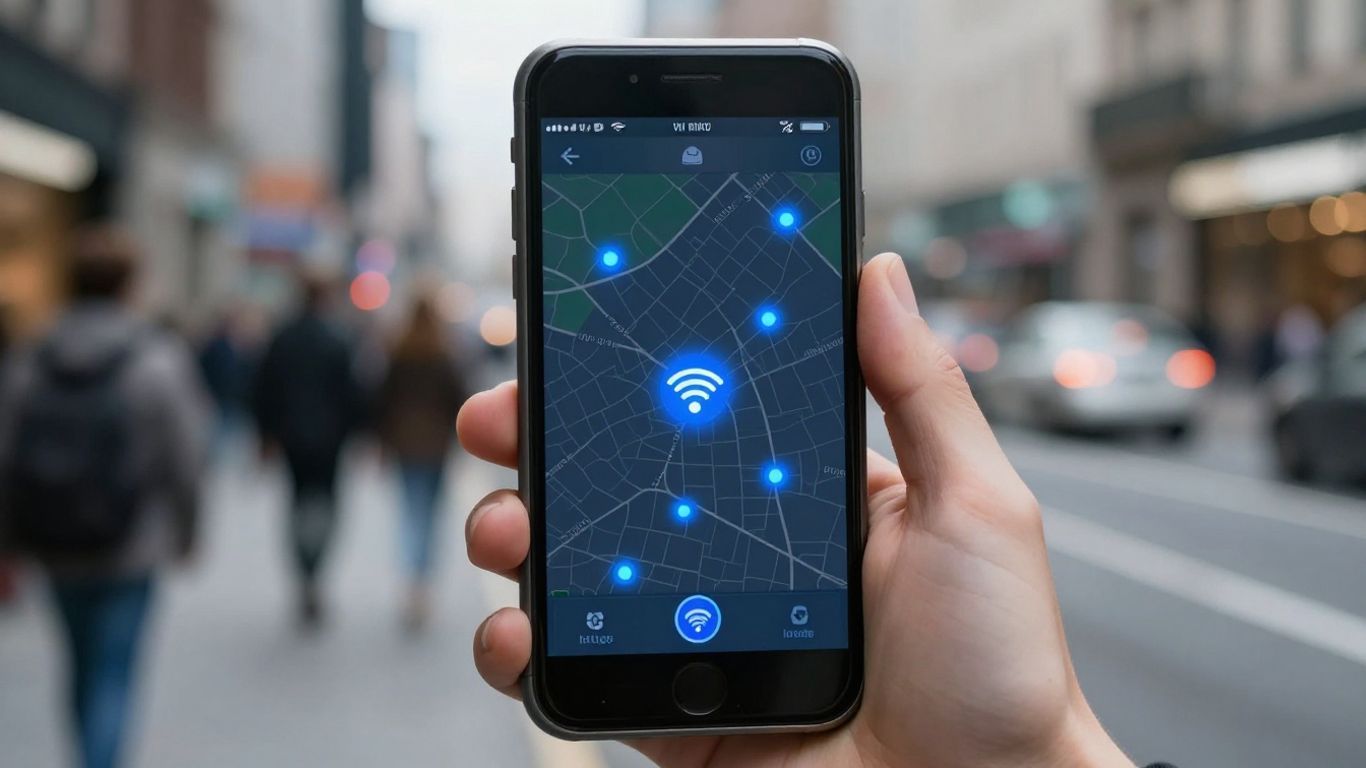 Smartphone exibindo mapa com pontos de Wi-Fi gratuitos próximos.