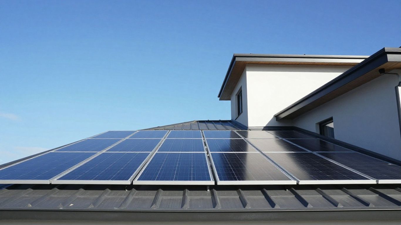 Maison avec panneaux solaires sous un ciel bleu.