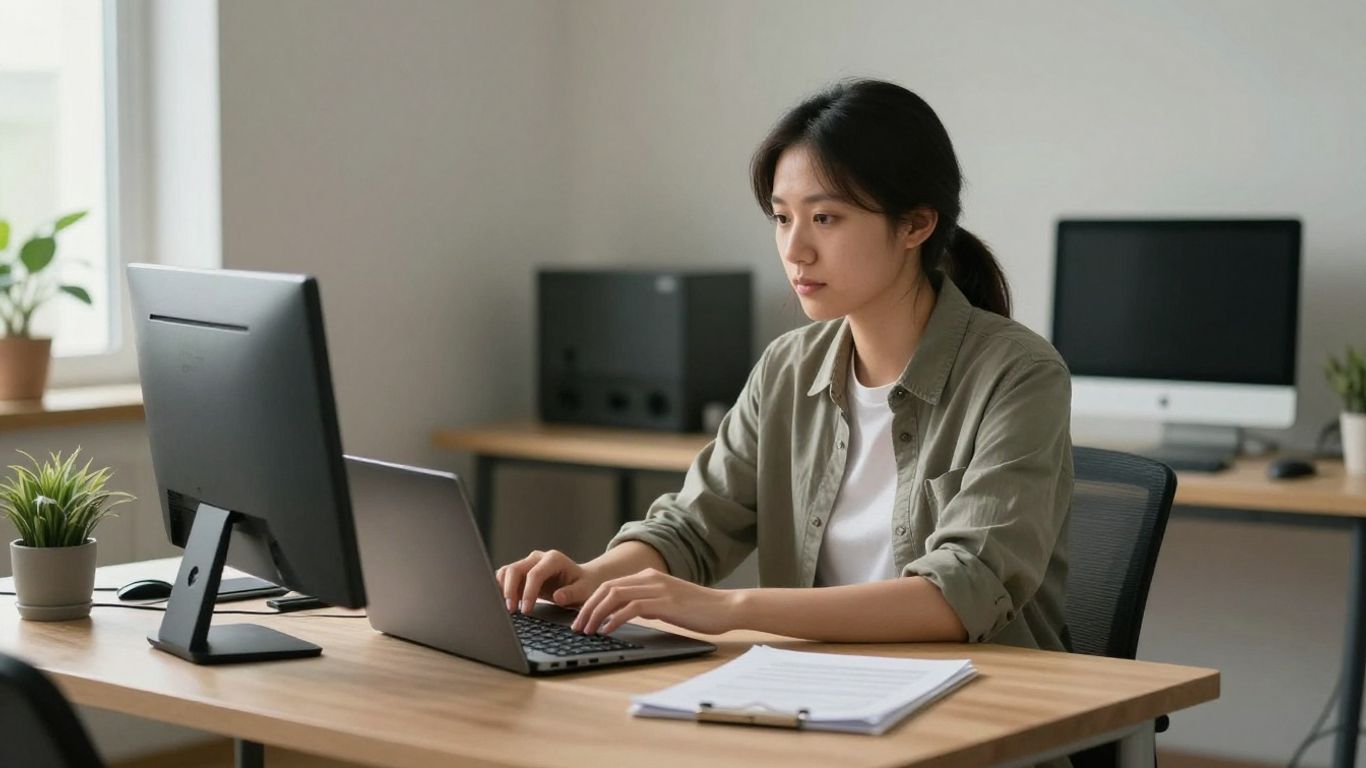 Person focused at a clean, organized desk.