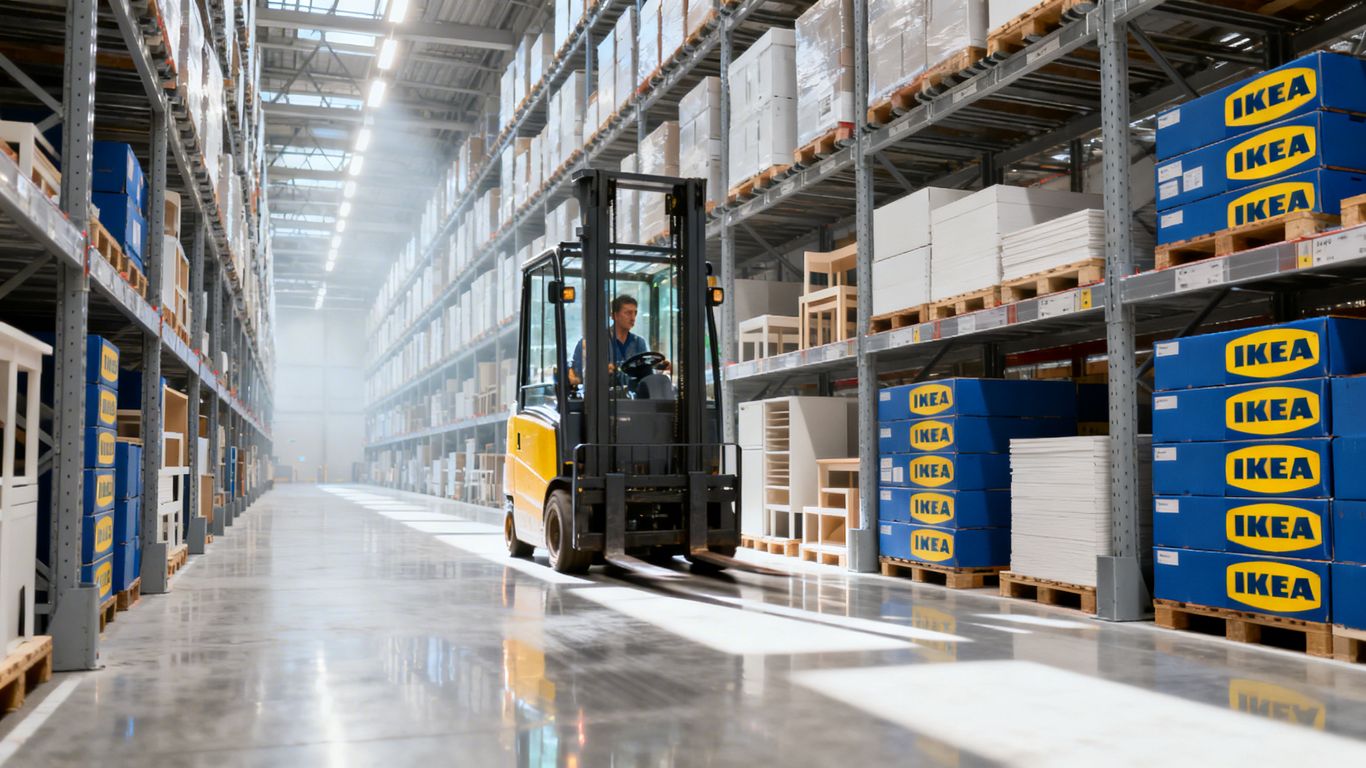 IKEA warehouse with flat-pack furniture and forklifts.