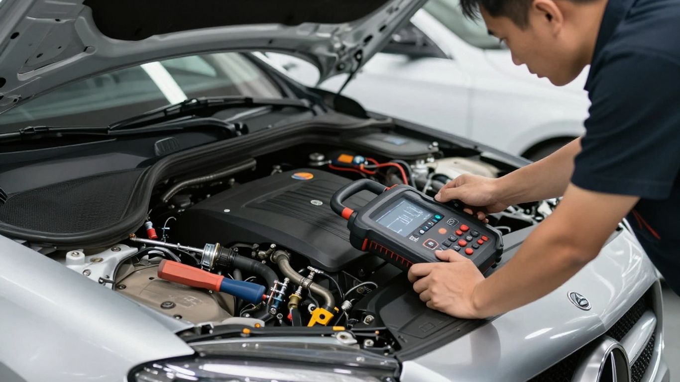 Mechanic inspecting Mercedes engine bay