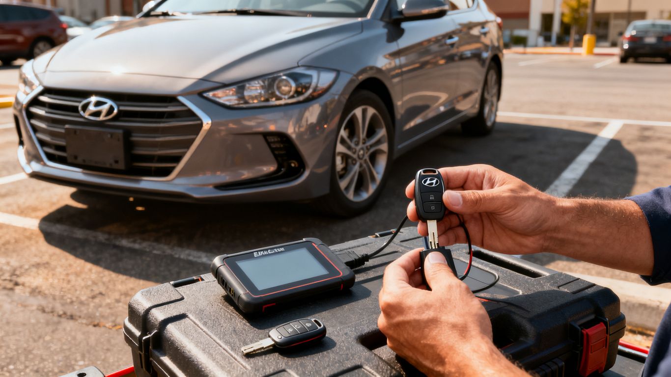 Automotive locksmith programming Elantra key near vehicle
