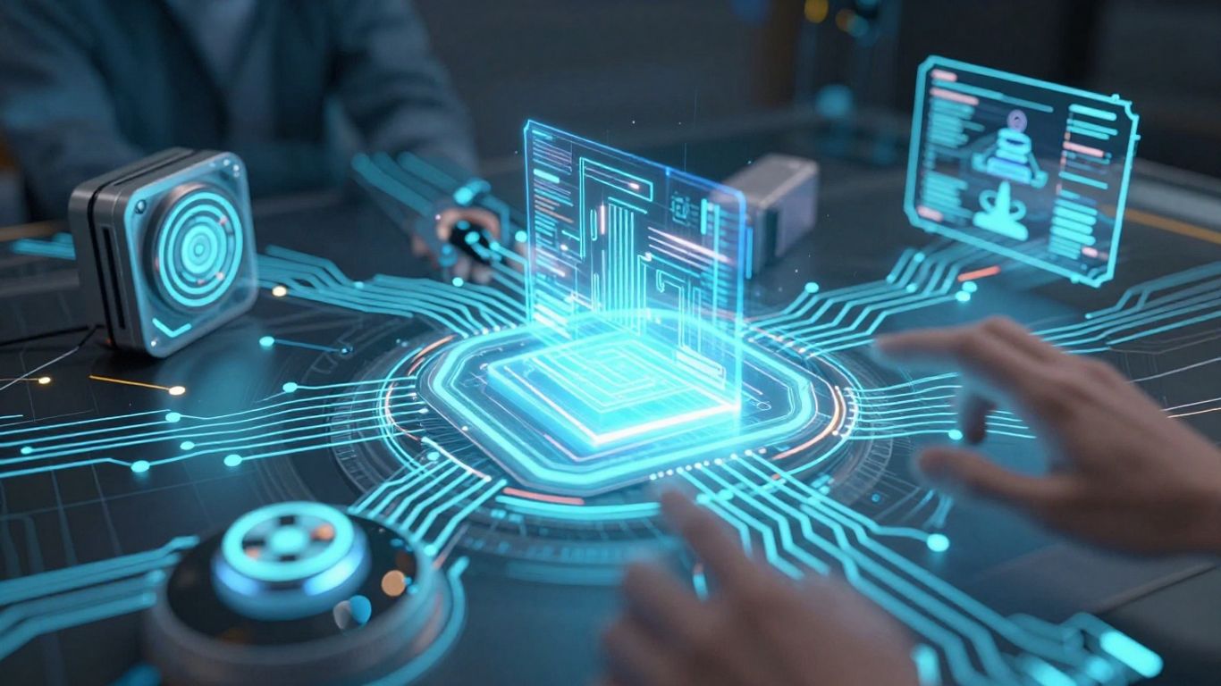 Futuristic gadgets and glowing digital patterns