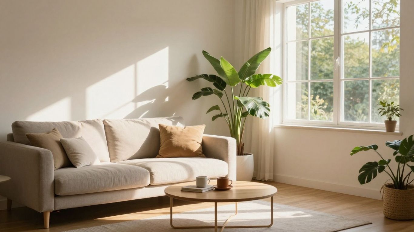 Wohnzimmer mit hellem, natürlichem Licht und Pflanzen.