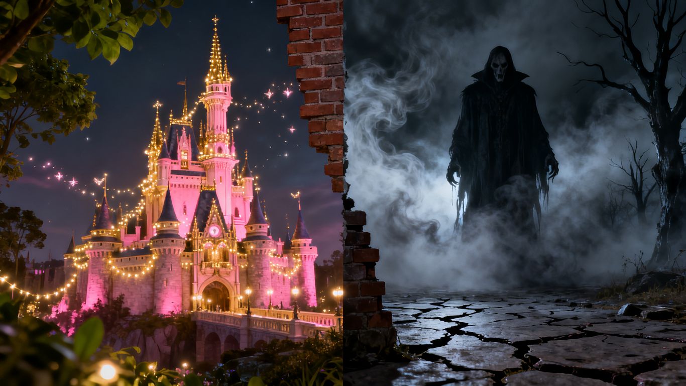 Split image: Disney magic versus dark horror movie scenes.