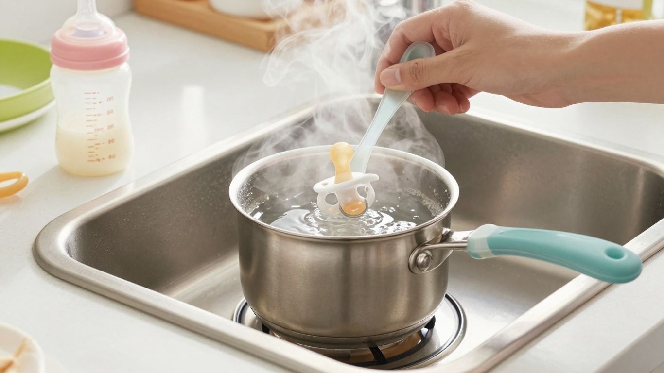 Chupete esterilizándose en agua hirviendo.