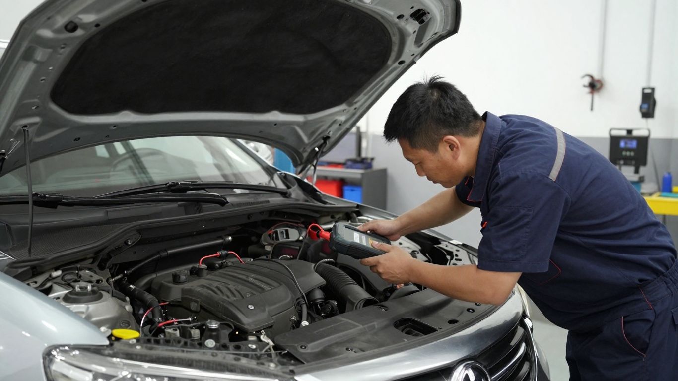 Mechanic inspecting a vehicle in a repair workshop