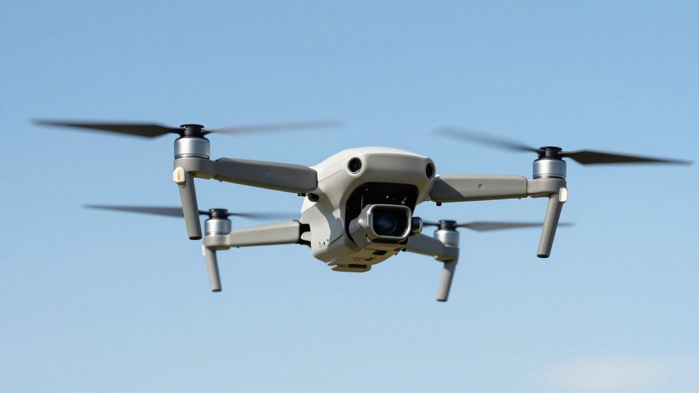 American drone flying in a blue sky.