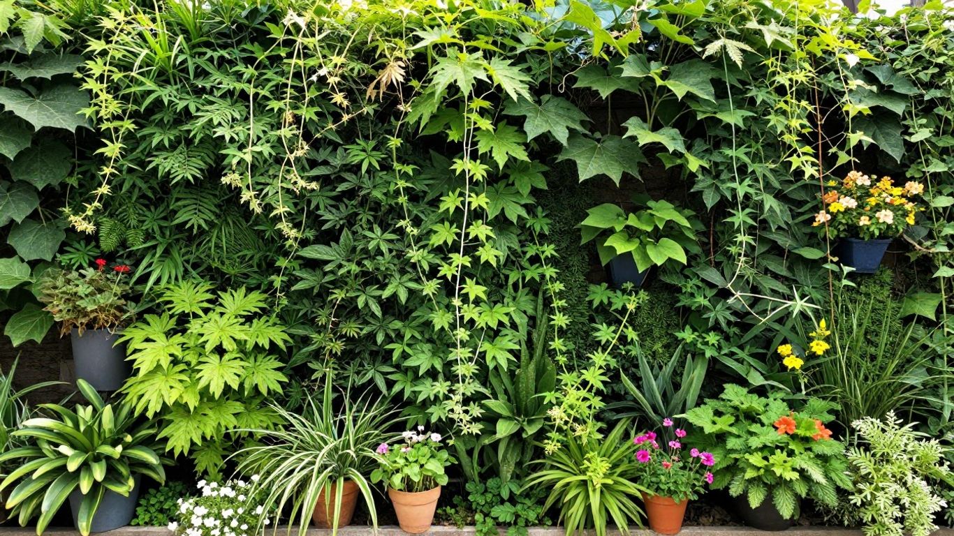 Grüne Hauswand mit Pflanzen und Blumen