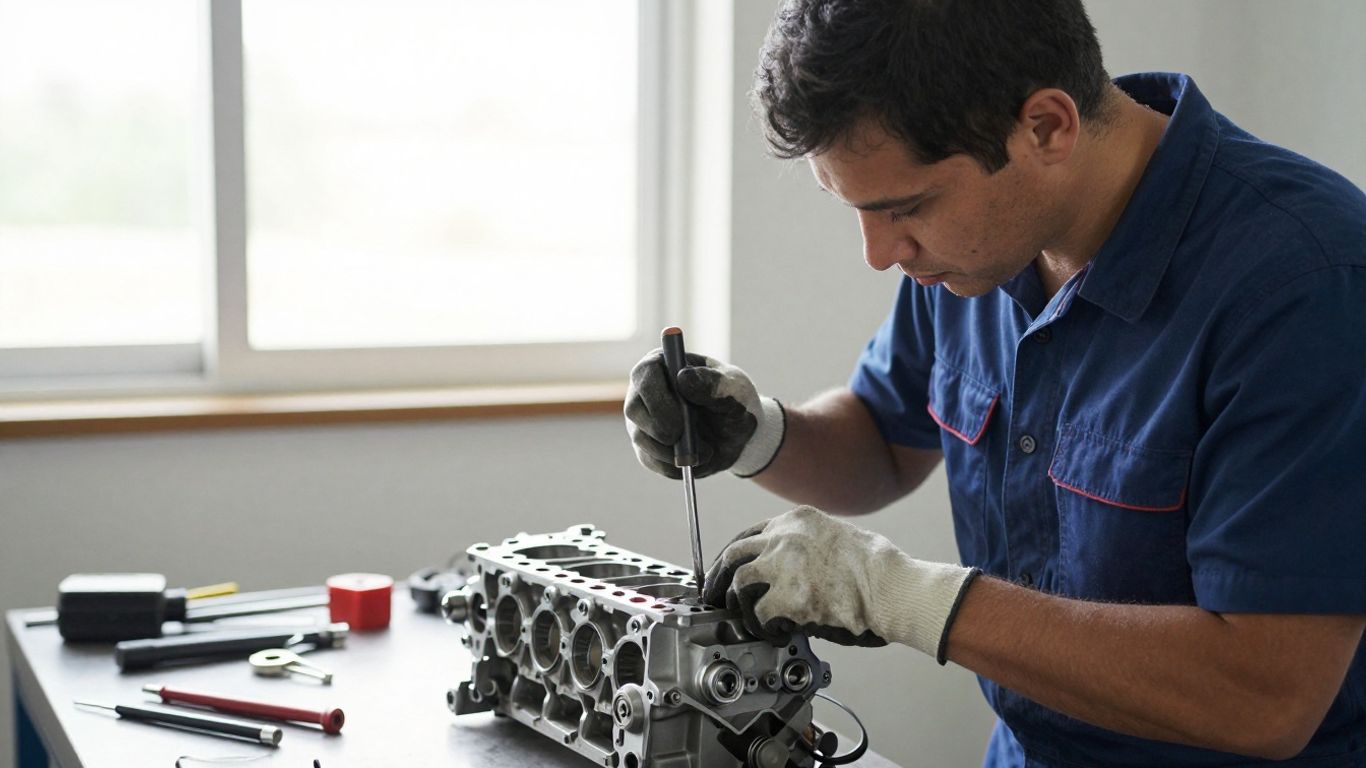 Mechanic inspects an engine block in workshop