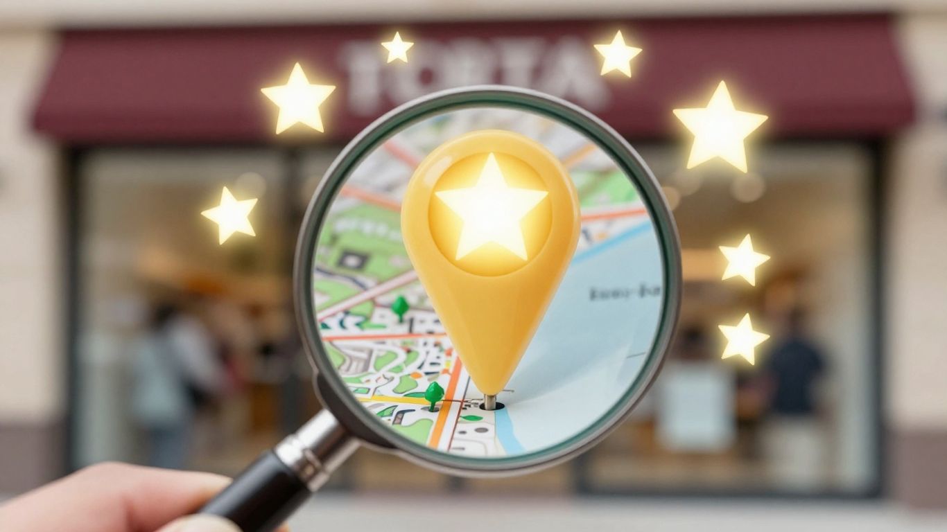 Map pin with stars and magnifying glass.