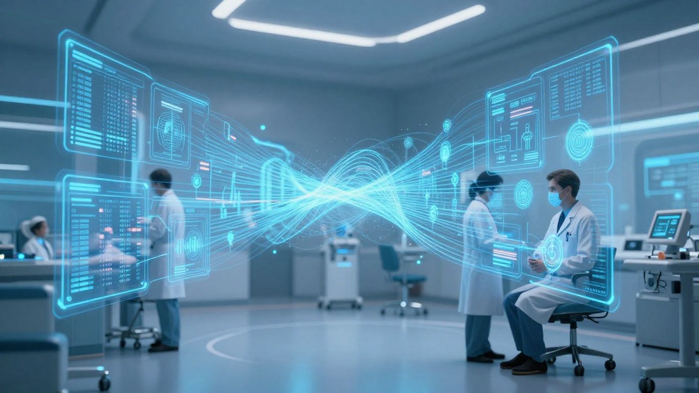 Blockchain technology in healthcare, secure data flow.