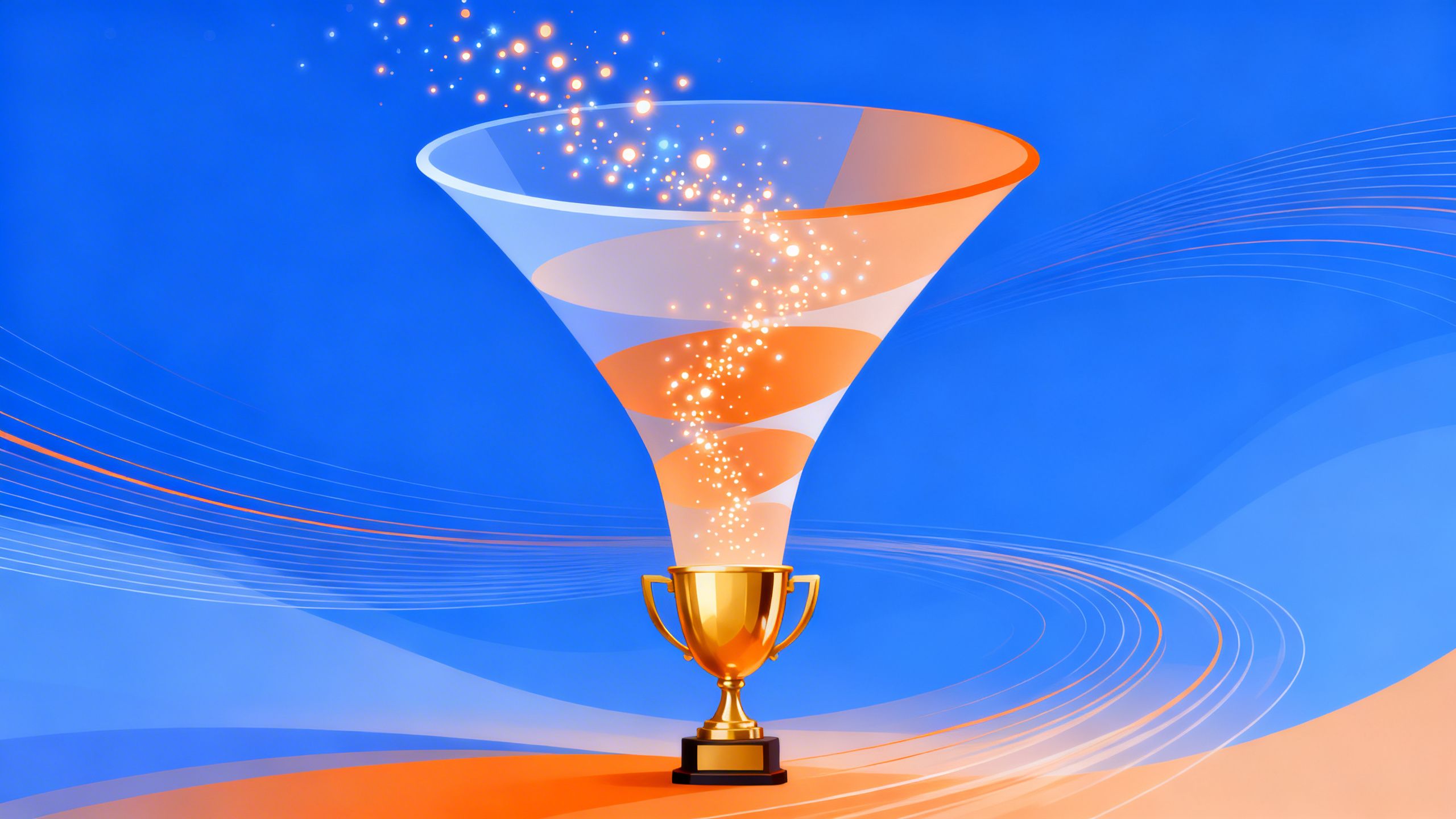 An abstract illustration of a sales funnel with data points flowing through it, leading to a successful outcome.