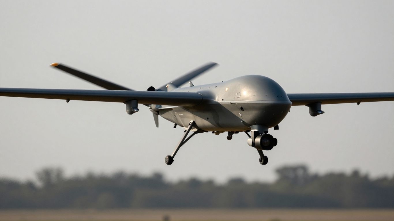 Dronă militară modernă în zbor deasupra unui peisaj.