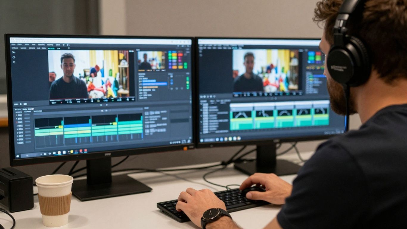 Editor arranging footage in a calm studio