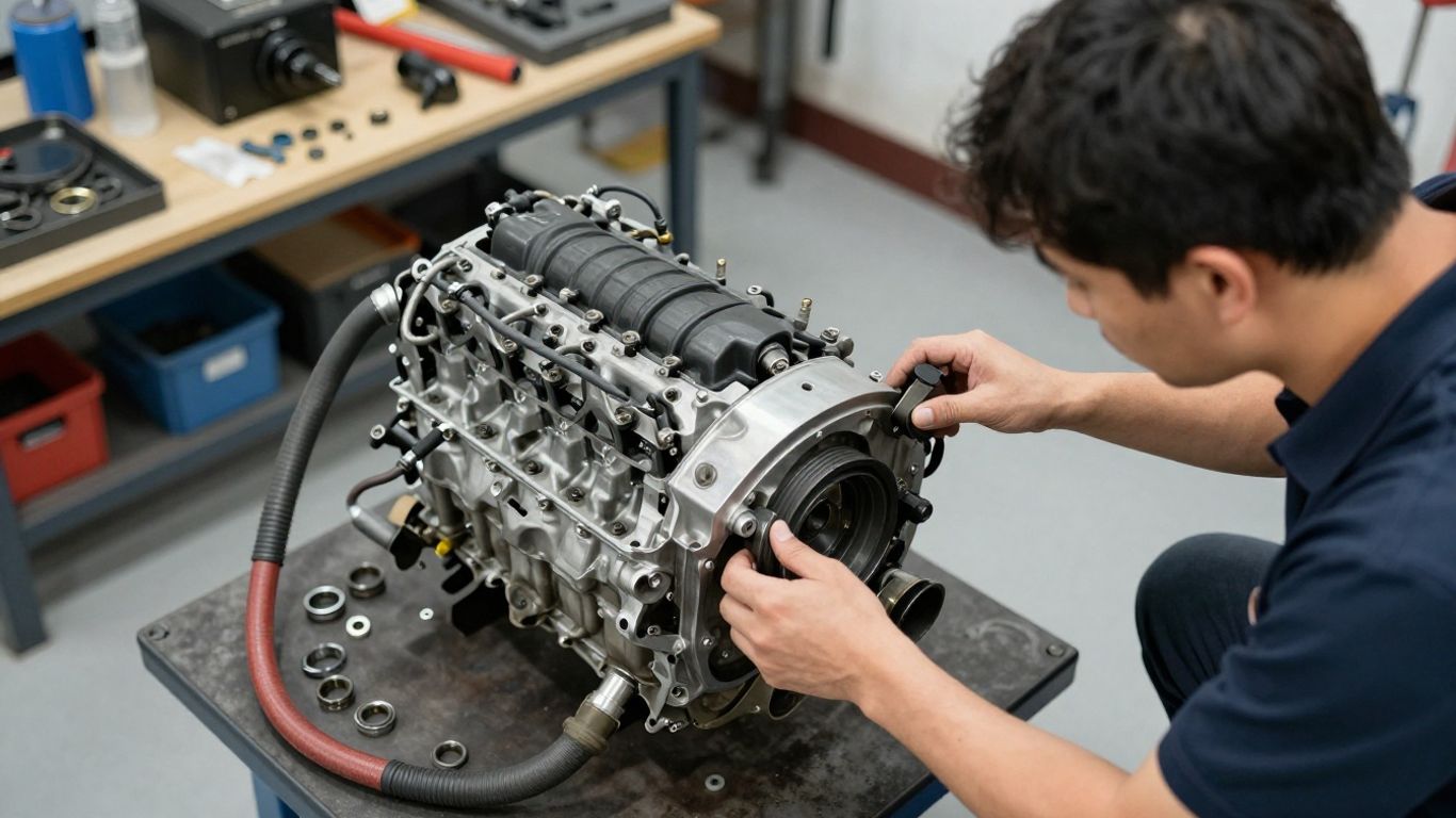 Technician inspecting a clean used engine in workshop