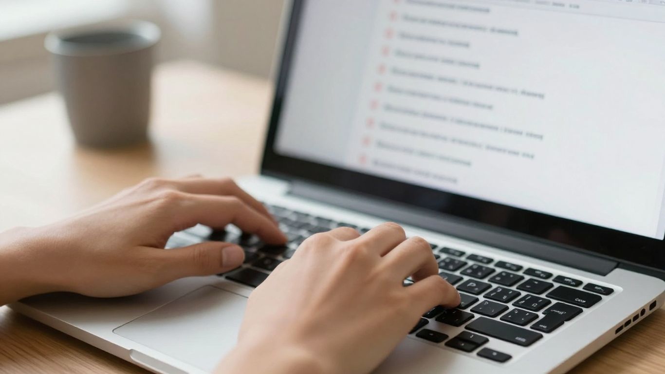 Hands typing on laptop, building a business contact list.