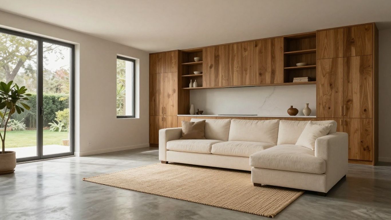 Bright open-plan living room with polished concrete
