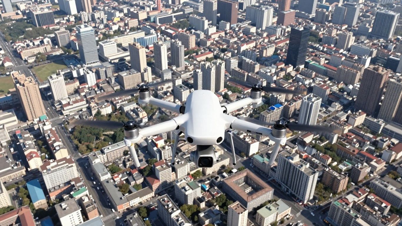 Drone flying over a city, navigating autonomously.